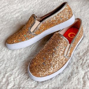 G by Guess Gold Glitter Slide On Shoes